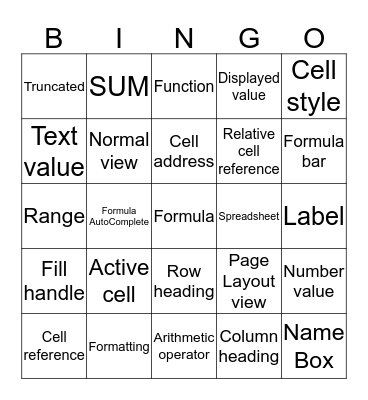 Excel Chapter 1 Key Terms Bingo-2 Bingo Card