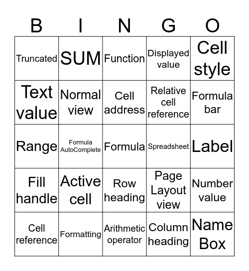 Excel Chapter 1 Key Terms Bingo-2 Bingo Card