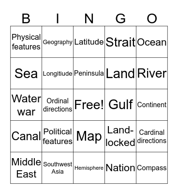 SWA Geography Bingo Card