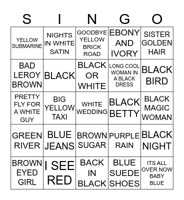 103 SONGS WITH COLOUR Bingo Card