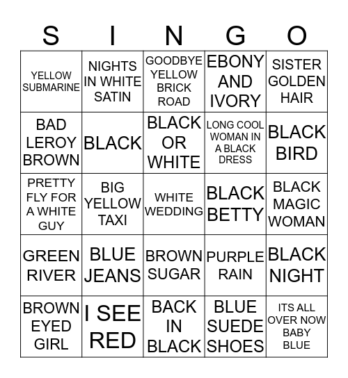 103 SONGS WITH COLOUR Bingo Card
