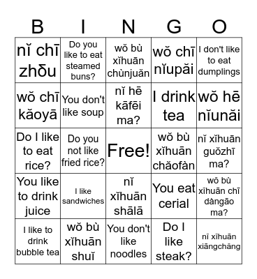 Food Sentences Bingo Card