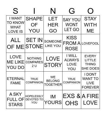 107 ULTIMATE LOVE SONGS Bingo Card