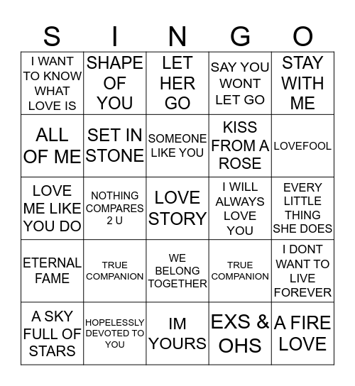 107 ULTIMATE LOVE SONGS Bingo Card