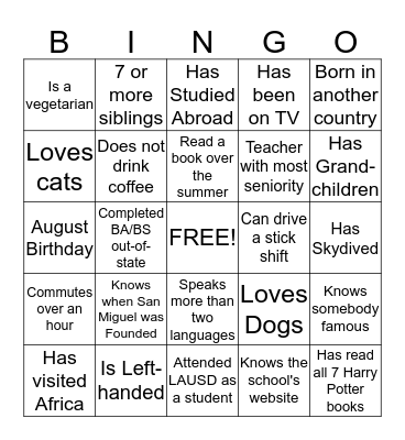 San Miguel BINGO Card