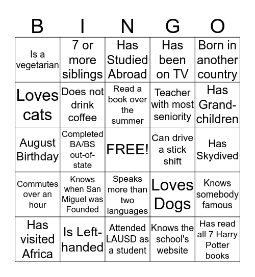 San Miguel BINGO Card