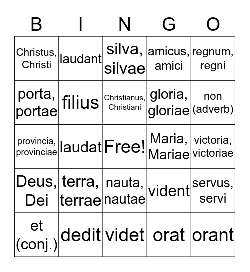 Latin Vocabulary Bingo Card