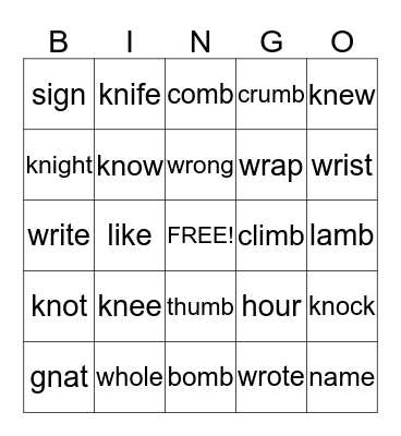 Silent Letters Bingo Card