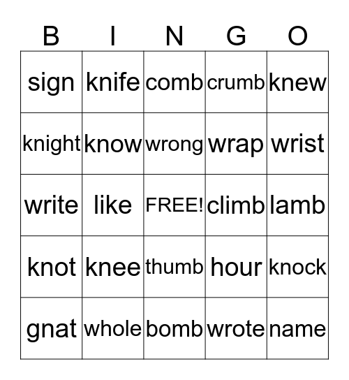 Silent Letters Bingo Card