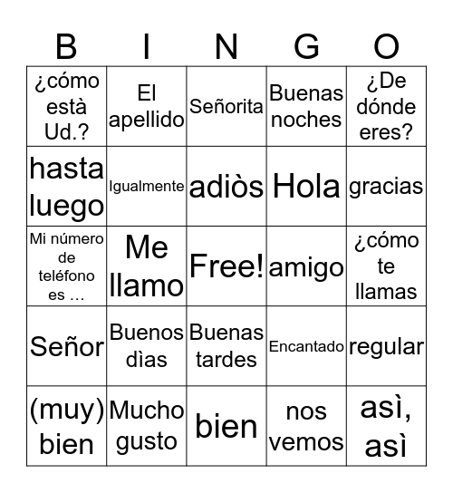 GREETINGS IN SPANISH  Bingo Card
