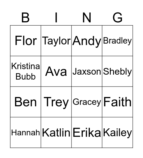 Kristina Bubb Bingo Card
