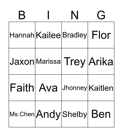 Jaxon Bingo Card