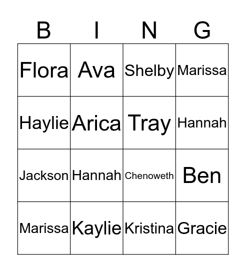 Mackenzie Fisher Bingo Card