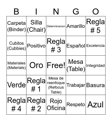 Reglas de la escuela y vocabulario del salón Bingo Card