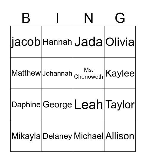 Mackenzie Bingo Card