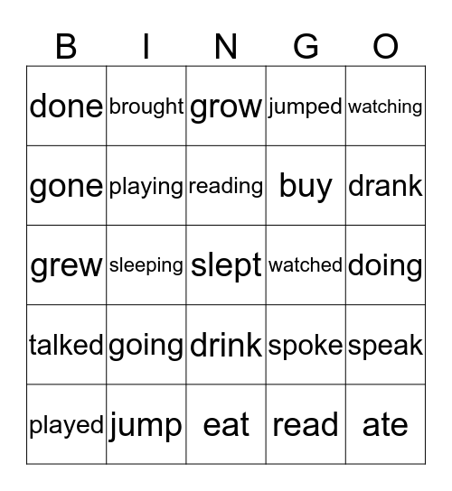 Present And Past Tense Bingo Card