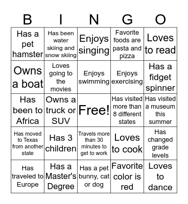 Getting To Know You Bingo Card