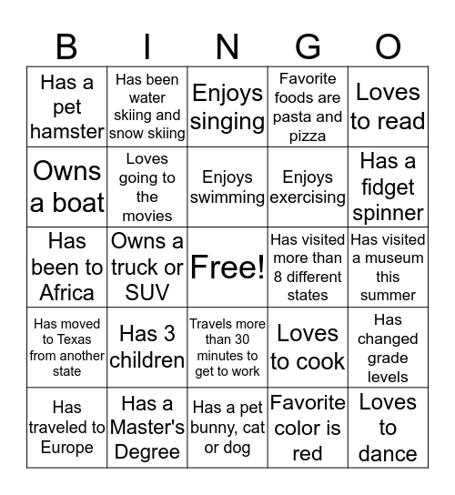 Getting To Know You Bingo Card