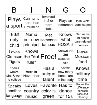 Classmate Bingo Card