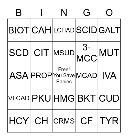 Newborn Screening Disorders Bingo Card