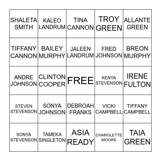 NAME GO Bingo Card