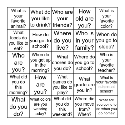 Question Bingo Card