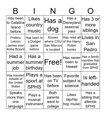Getting to Know Our Classmates Bingo Card