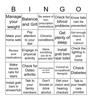 Kupuna Fall Prevention Bingo Card