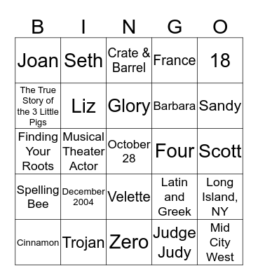 Scott & Liz 1 Bingo Card