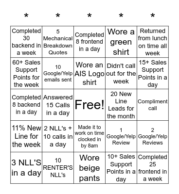 5 In A Row Bingo Card