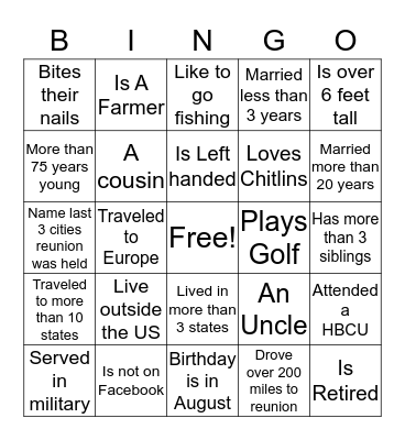 FAMILY REUNION BINGO Card