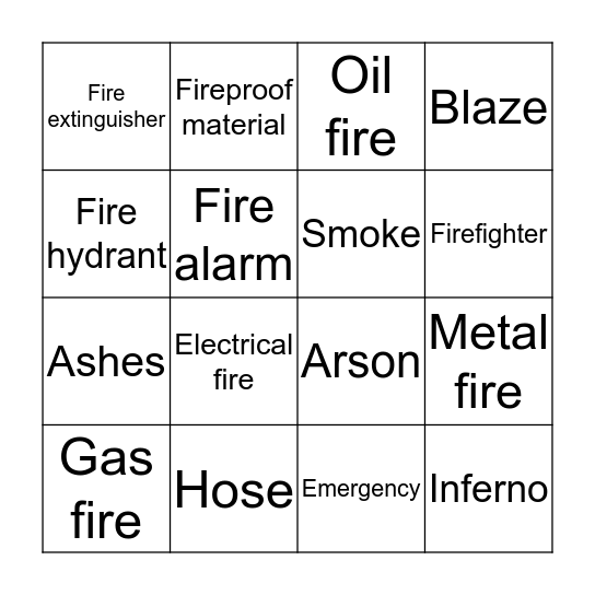 Fire Vocabulary Bingo Card