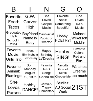 Dreshia's 21st Birthday Dinner Bingo Card
