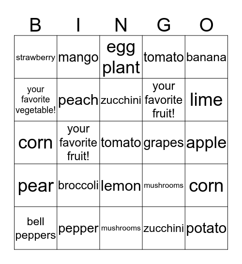 Fruits and Vegetables! Bingo Card