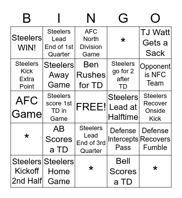 Pittsburgh Steelers Bingo Card