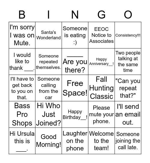 LOEHRM CONFERENCE CALL BINGO Card