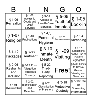 Minimum Standards Bingo Card