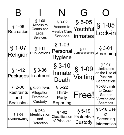 Minimum Standards Bingo Card