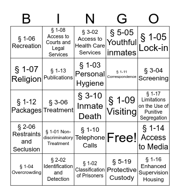 Minimum Standards Bingo Card