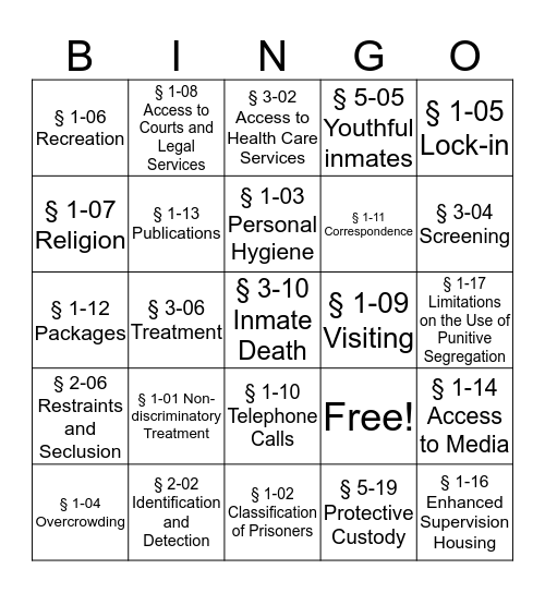 Minimum Standards Bingo Card