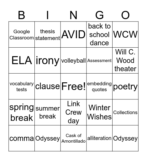 Will C. Wood Bingo Card