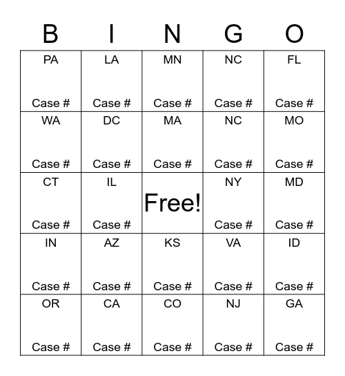 Customer Relations  - Cases by State Bingo Card