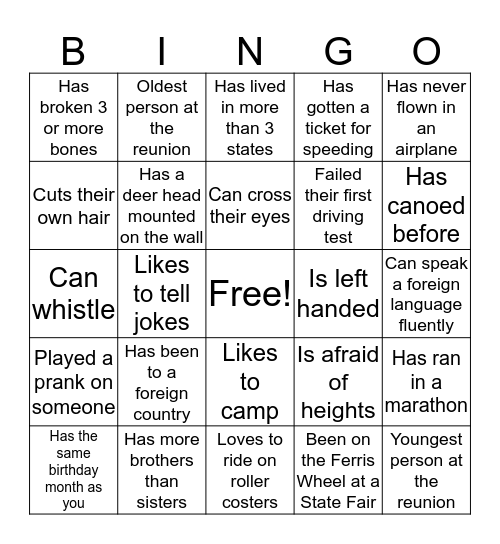 Sullivan Reunion 2017 Bingo Card