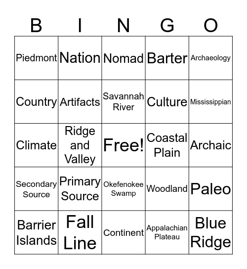 Georgia History Wk 2 Bingo Card