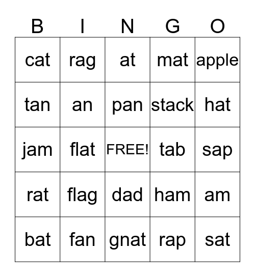 Short a Words Bingo Card