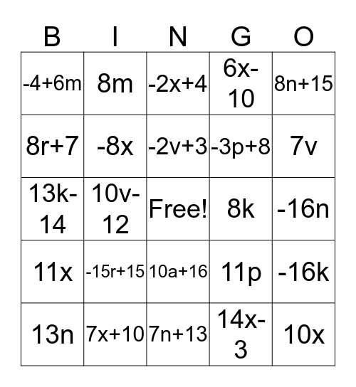 Combining Like Terms - BINGO Card