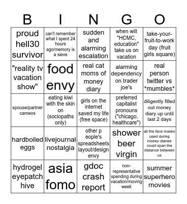 MONEY DIARIES BINGO Card