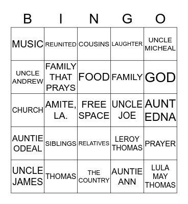 Thomas Family Reunion Bingo Card