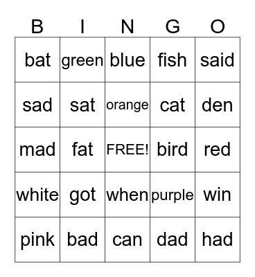 sight words Bingo Card
