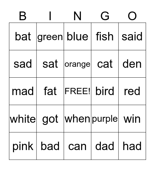 sight words Bingo Card